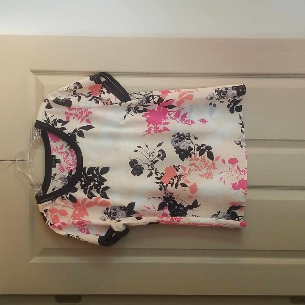 Talbots Pink and Black Floral Short Sleeve Blouse with Trim, Size 10, Worn Once